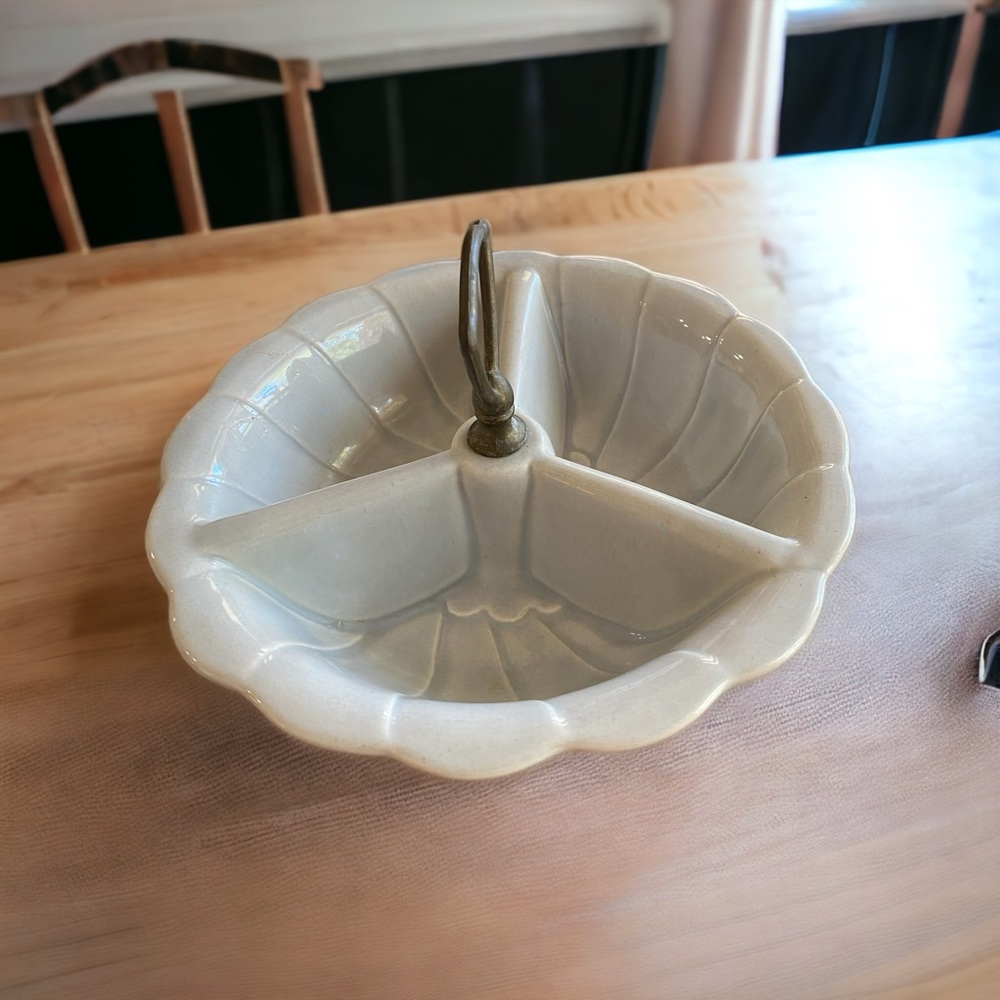 Vtg MCM California Pottery Gray Divided Serving Dish #370 Handle